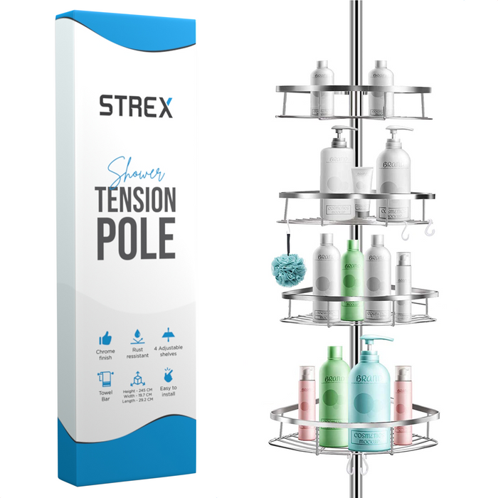 Strex Telescopisch Doucherek RVS - Verstelbaar 70-275 cm - 4 Mandjes - Robuuste Kwaliteit - Bevestigen zonder Boren of Schroeven - Telescopisch Douche Rek Hoek