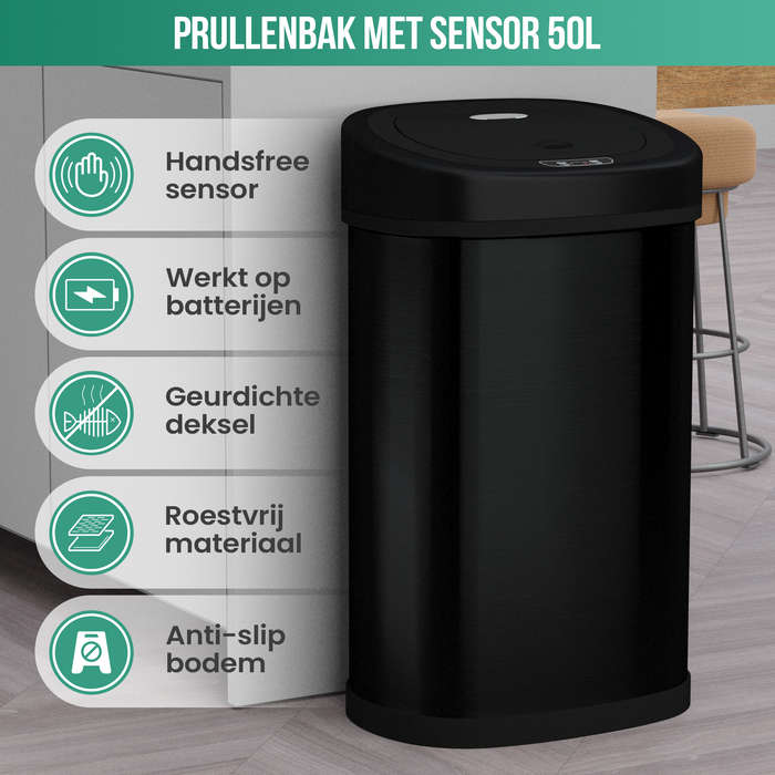 Avalo Prullenbak met Sensor 50L - RVS Zwart - Soft Close / Vingerafdrukvrij / Hygiënisch - Vuilnisbak