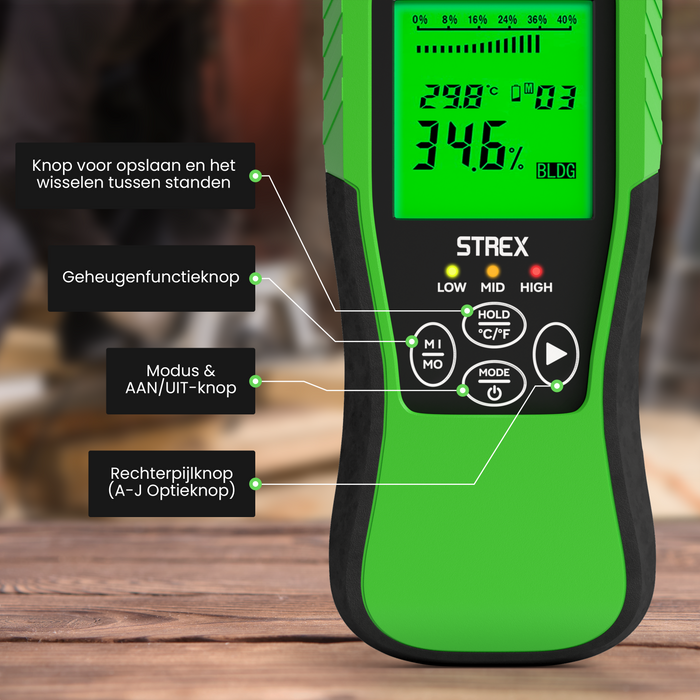 Strex Vochtmeter Digitaal - Voor Hout / Bouwmaterialen (o.a. Steen, Gips & Beton) - LCD Display - Vochtigheidsmeter - Vochtmeter Muren - Incl. Batterijen & Opberghoes