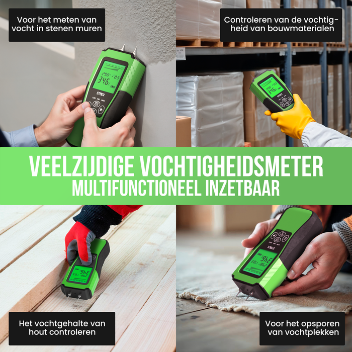 Strex Vochtmeter Digitaal - Voor Hout / Bouwmaterialen (o.a. Steen, Gips & Beton) - LCD Display - Vochtigheidsmeter - Vochtmeter Muren - Incl. Batterijen & Opberghoes