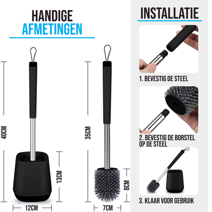 Strex Toiletborstel Siliconen met Houder Zwart - Sneldrogend, Hygiënisch & Antibacteriële Werking - WC Borstel - Toilet Borstel Houder