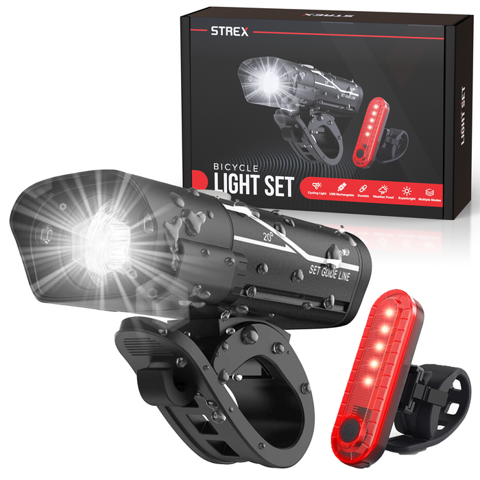 Strex LED Fietsverlichting Set - Voorlicht en Achterlicht - USB Oplaadbaar - Fietslamp - Fietslampjes - Zwart