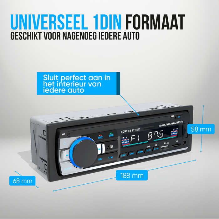 Strex Autoradio met Bluetooth voor alle auto's - USB, AUX en Handsfree - Afstandsbediening - Enkel DIN Auto Radio met Ingebouwde Microfoon