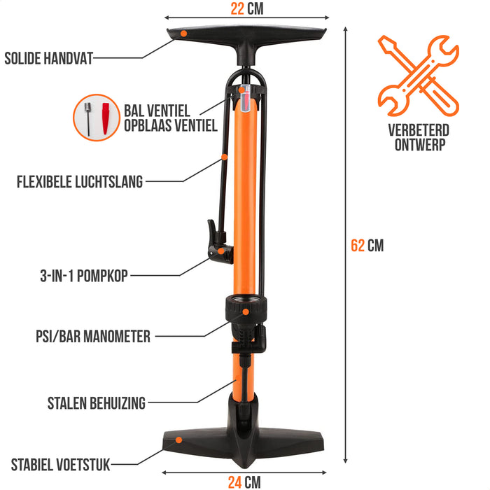 Strex Fietspomp - Drukmeter - 11 Bar – Bal pomp - Oranje