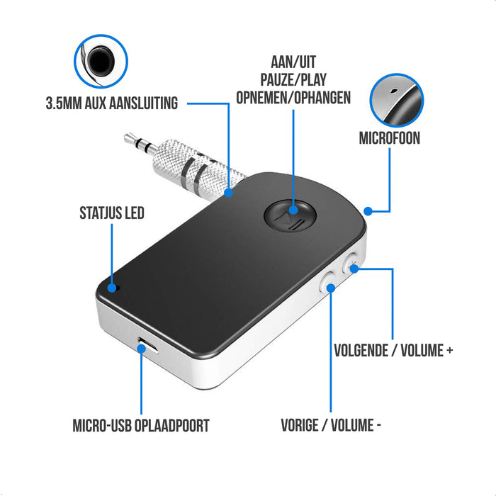 Strex Bluetooth Receiver - BT 5.0 - 3.5MM AUX - Bluetooth Ontvanger - Handsfree Bellen - Bluetooth Audio Receiver - Bluetooth Auto via AUX