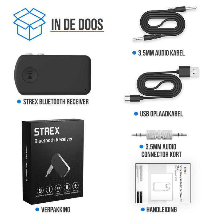 Strex Bluetooth Receiver - BT 5.0 - 3.5MM AUX - Bluetooth Ontvanger - Handsfree Bellen - Bluetooth Audio Receiver - Bluetooth Auto via AUX