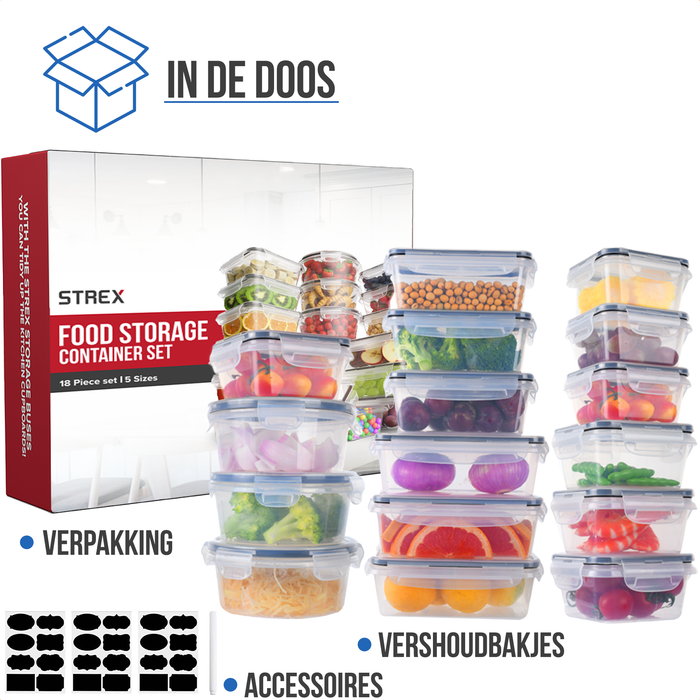 Strex Vershoudbakjes - Meal Prep Bakjes - Plastic Diepvries Bakjes - Met Deksel - 18 Delige set - BPA Vrije Magnetronbakjes