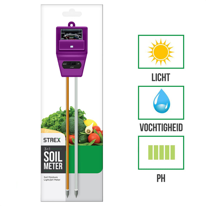Strex PH Meter Grond - 3-in-1 PH / Vochtigheidsmeter / Lichtmeter - Paars
