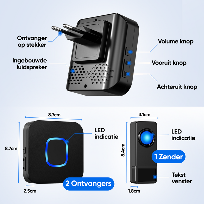 Strex Draadloze Deurbel met 2 Ontvangers - Plug & Play - 300 Meter - 4 Volume / 58 Melodieën - IP55 Waterdicht