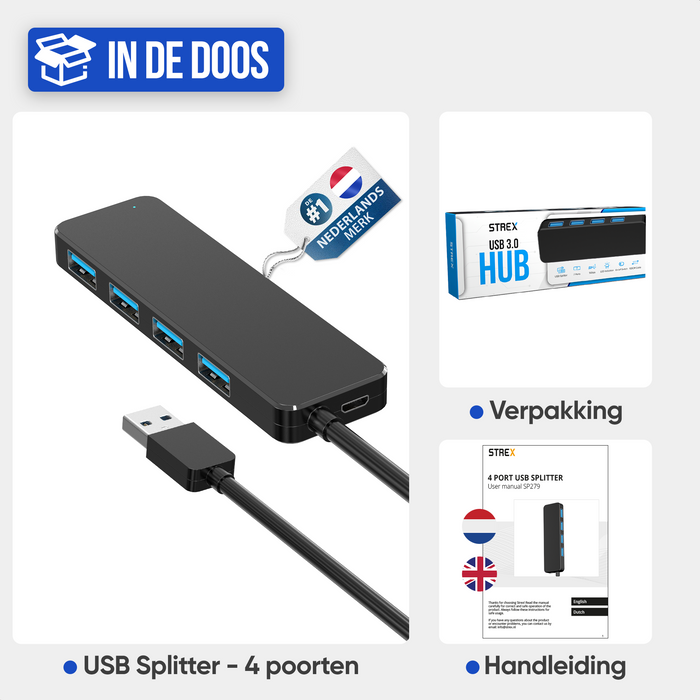 Strex USB 3.0 Hub - USB Splitter - 4 Poorten - 5Gbps - 35CM Kabel - Inclusief USB C Adapter