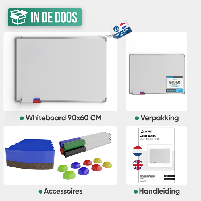 Avalo Whiteboard 60x90 cm - 14 in 1 set - Whiteboard Magnetisch inclusief Markers, Magneten & Wisser