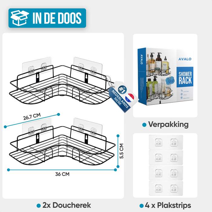 Avalo Doucherek Hoekvorm - 2 Stuks - Bevestigen zonder Boren of Schroeven - Bevestigen Middels Plakstrip