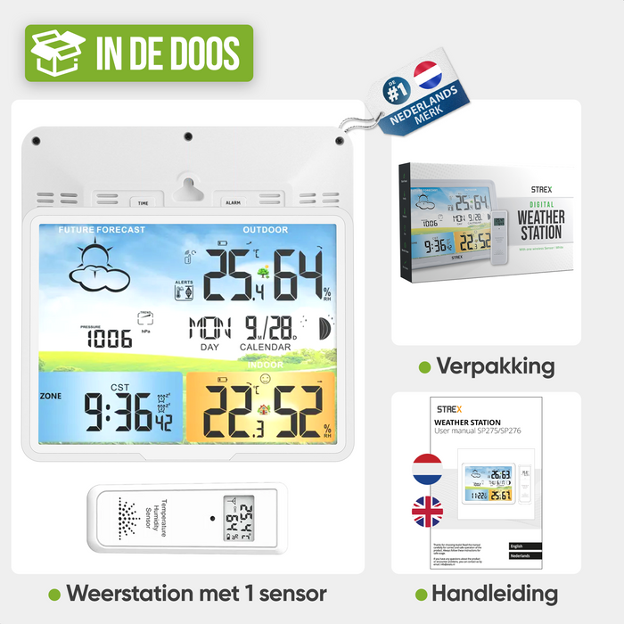 Strex Weerstation Wit - Draadloos - 75M Bereik - Binnen & Buiten - Temperatuur - Luchtvochtigheid - Weersvoorspelling