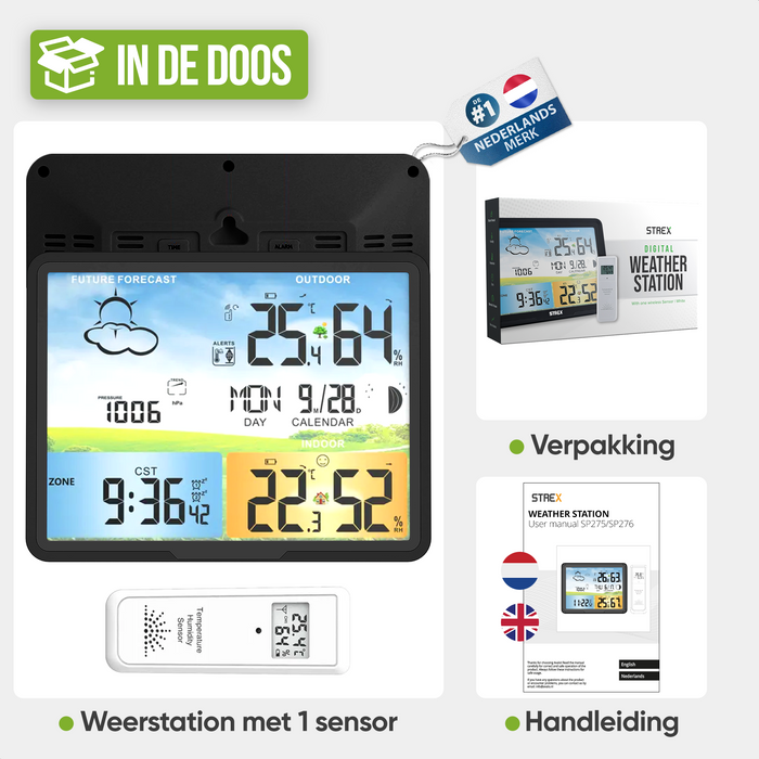 Strex Weerstation Zwart - Draadloos - 75M Bereik - Binnen & Buiten - Temperatuur - Luchtvochtigheid - Weersvoorspelling