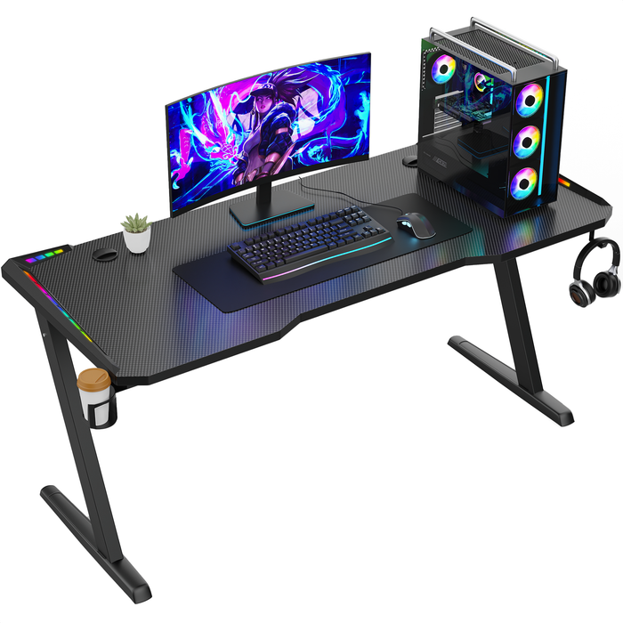 Avalo Gaming Bureau - 140x60x73 CM - Game Desk Met LED Verlichting - Tafel - Zwart