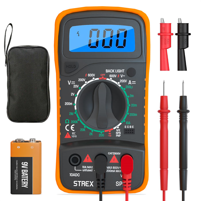 Strex Digitale Multimeter - AC / DC - Incl. 9V Duracell Batterij, Klemtangen & Opberghoes - Multi Meter