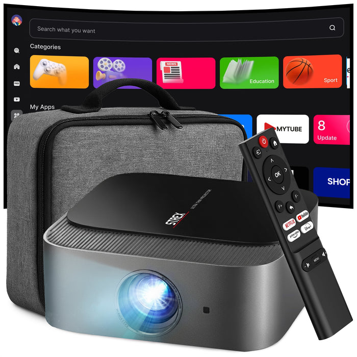 Strex Beamer - Smart 1080P Full HD Projector - 4K Ondersteuning - WiFi & Bluetooth - Ingebouwde Speakers - Draagbare Mini Beamer Thuisbioscoop - WhaleOS - Inclusief Opbergtas & Projectiescherm