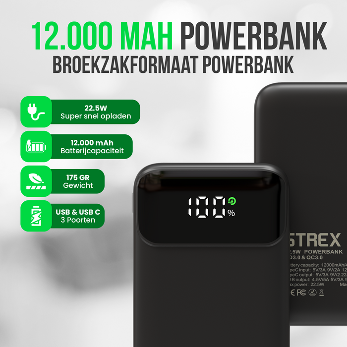 Strex Powerbank - 12.000 mAh - 22.5W Snellader - USB-A/USB-C - LED Indicatie - Universele Powerbank geschikt voor o.a. iOS/Android