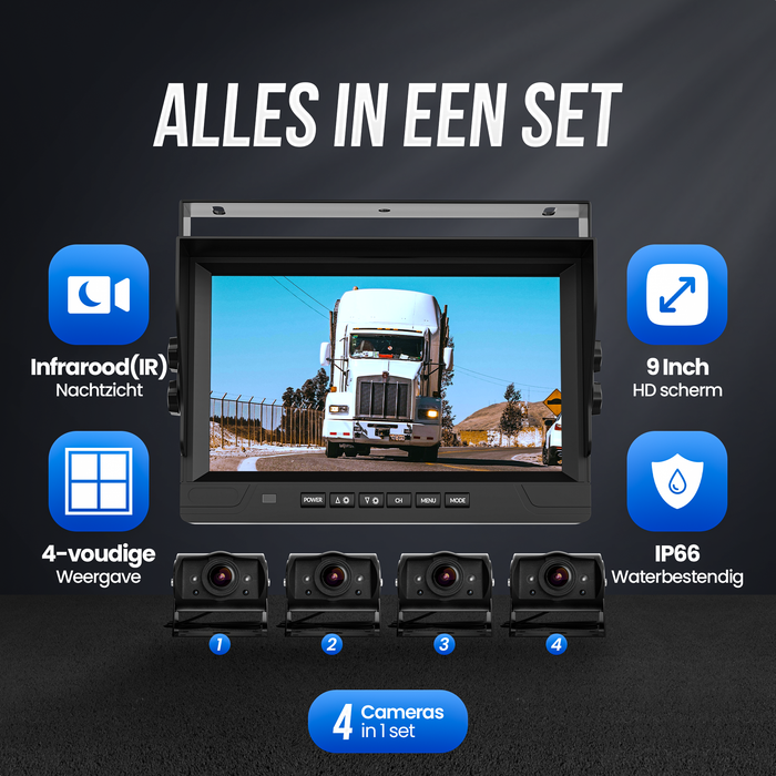 Strex Achteruitrijcamera Set Bedraad Met 4 Camera's (tegelijk bekijken) - 9" Scherm - Nachtzicht - IP66 Waterdicht - Achteruitrijcamera Set Bedraad