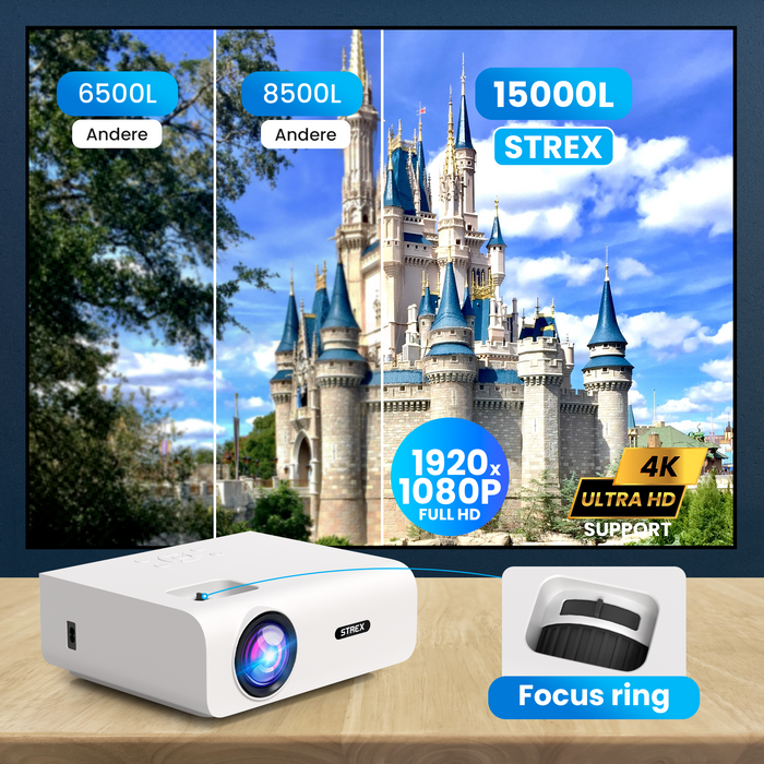 Strex Beamer - 1080P Full HD - 15000 Lumen - Draadloos Streamen - WiFi - Bluetooth - Mini Beamer - Projector