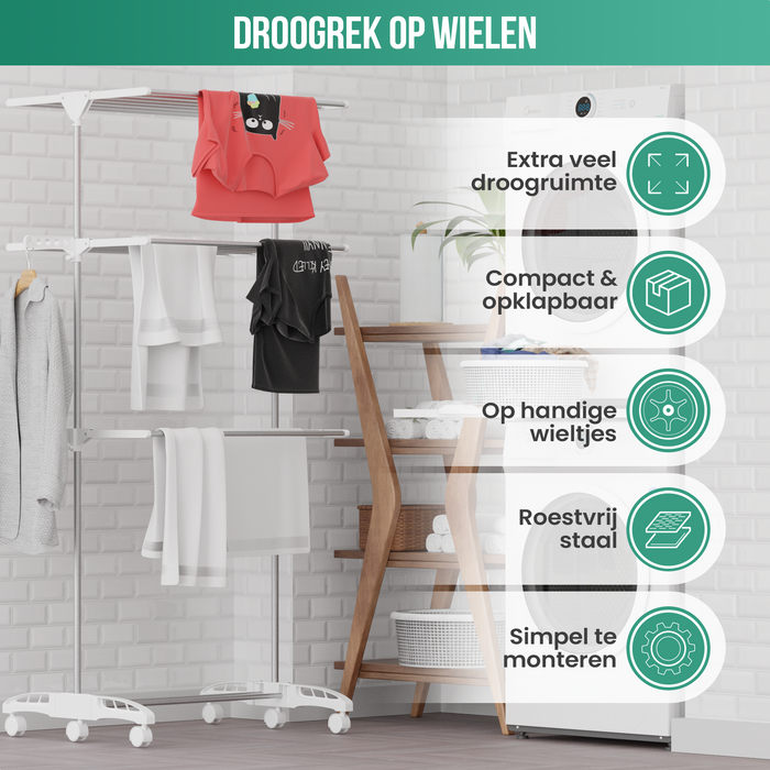 Avalo Droogrek - Droogtoren Met Wieltjes - 4 Niveaus - Inklapbaar - Wit