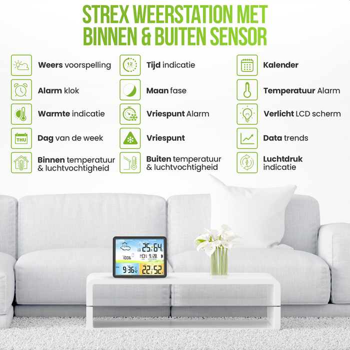 Strex Weerstation Zwart - Draadloos - 75M Bereik - Binnen & Buiten - Temperatuur - Luchtvochtigheid - Weersvoorspelling