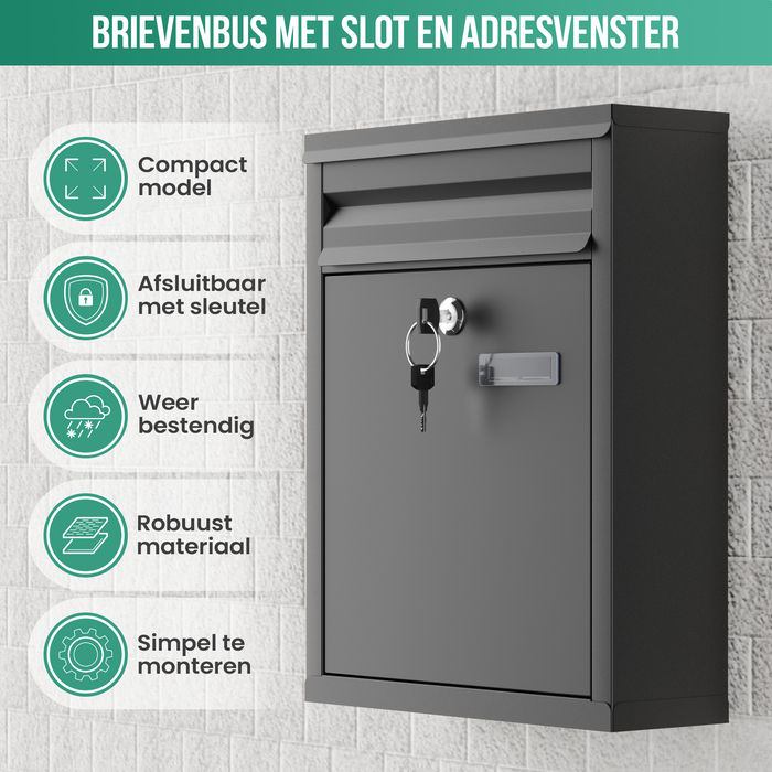 Avalo Brievenbus Zwart RVS - Wandbrievenbus - Incl. Montagemateriaal & 2 Sleutels