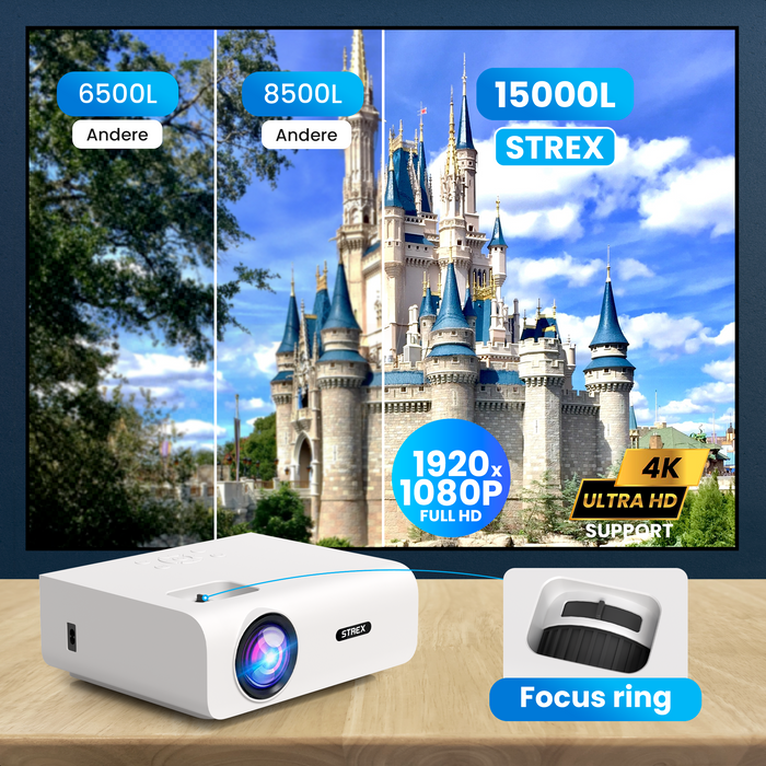 Strex Beamer - 1080P Full HD - 15000 Lumen - Draadloos Streamen - Inclusief Tas/Projectiescherm - WiFi - Bluetooth - Mini Beamer - Projector