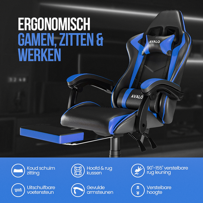 Avalo Gaming Stoel - Gamestoel - Ergonomische Bureaustoel Verstelbaar - Game Stoel - Gaming Chair - Zwart/Blauw