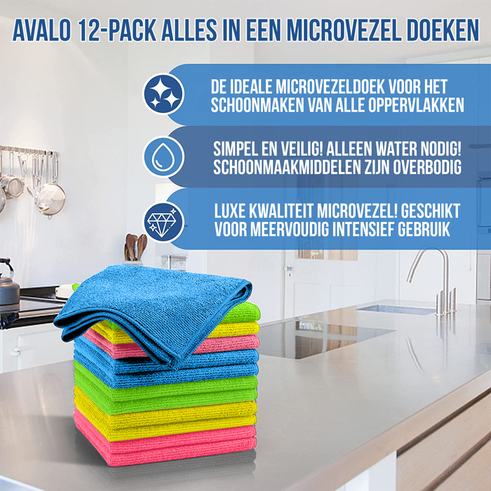 Avalo Microvezeldoekjes - 12 Stuks 30 x 30 cm - Wasbaar - Schoonmaakdoekjes - Schoonmaak / Auto