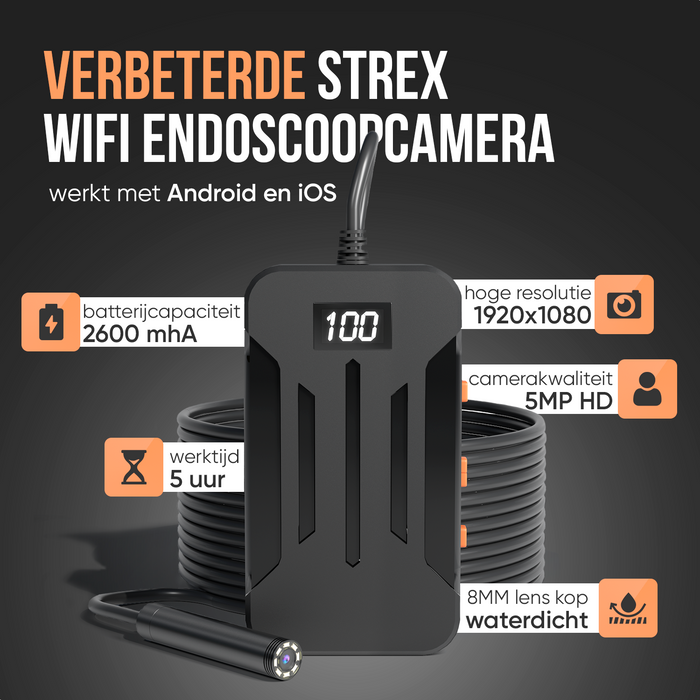 Strex Inspectiecamera 5M - Android/IOS - IP68 Waterdicht - 1080P HD - LED Verlichting - Endoscoop - Inspectie Camera - Inspecteren Met Telefoon