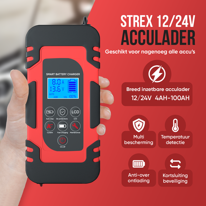 Strex Acculader - 12/24V 4/6/8A - Reparatiemodus - Druppellader - Accu Lader voor Auto / Motor / Scooter / Boot / Camper