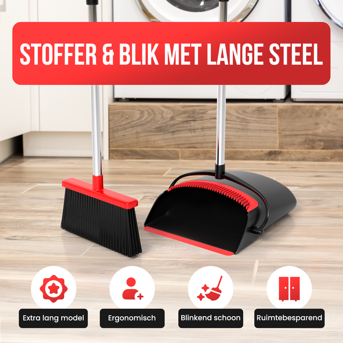 Strex Stoffer en Blik met Lange Steel - Verstelbaar 87-127cm - Ingebouwde Schoonmaaktanden