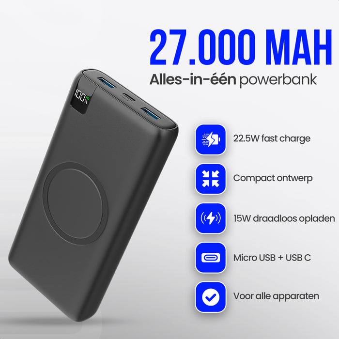 Strex Powerbank met Draadloze Qi Snellader - 27.000 mAh - 22.5W Snellader - Draadloos Opladen - USB-A/USB-C - LED Indicatie - Universele Powerbank geschikt voor o.a. iOS/Android