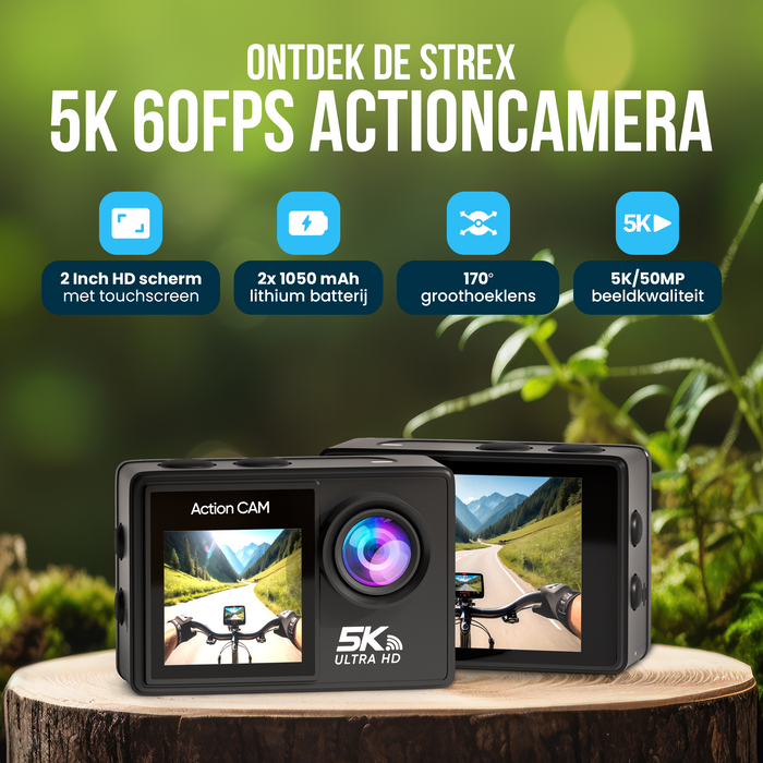 Strex Action Camera 5K 50MP - 60FPS / 30M Waterdicht / WiFi - Touchscreen - Externe Microfoon - Inclusief Accessoires - Actiecamera - Onderwatercamera