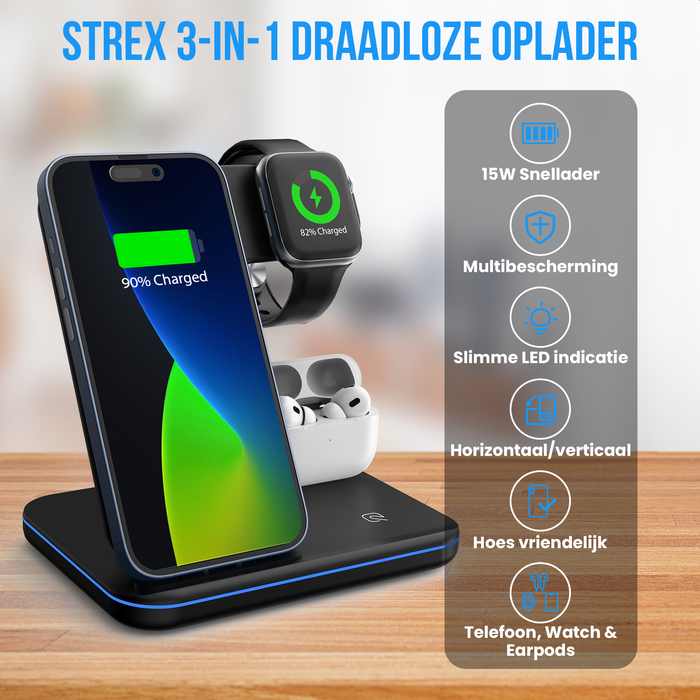 Strex 3-in-1 Draadloze Oplader - Wireless Charger - 15W Fast Charger - Oplaadstation Met Snellader Geschikt Voor Smartphone/iPhone/Apple Watch/AirPods