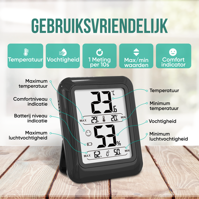 Strex Digitale Thermo Hygrometer Zwart - Digitale Thermo Meter Binnen - Hygro Meter Binnen - Weerstation Met Luchtvochtigheidsmeter - Inclusief Batterij