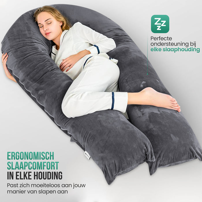 Avalo Zwangerschapskussen XXL 280 cm - U-Vorm Zijslaapkussen - Ergonomisch Body Pillow - Voedingskussen & Lichaamskussen voor Zwangere Vrouwen - Donkergrijs