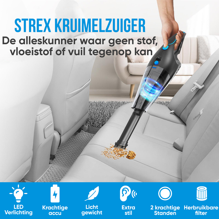 Strex Kruimeldief - Snoerloos - Kruimelzuiger Nat & Droog - 3 Opzetstukken - 14000PA - HEPA Filter - LED Verlichting - Extra Krachtig - Handstofzuiger