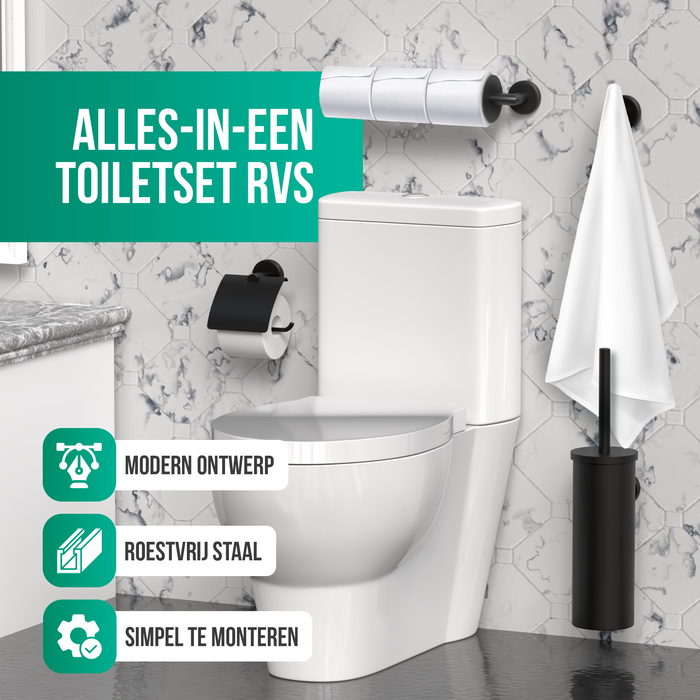 Avalo Toiletaccessoireset Zwart 4-delig - Luxe Toilet Set - Toiletborstel met Houder / Toiletrolhouder / Reserverolhouder / Handdoekhaak - Incl. Bevestigingsmateriaal