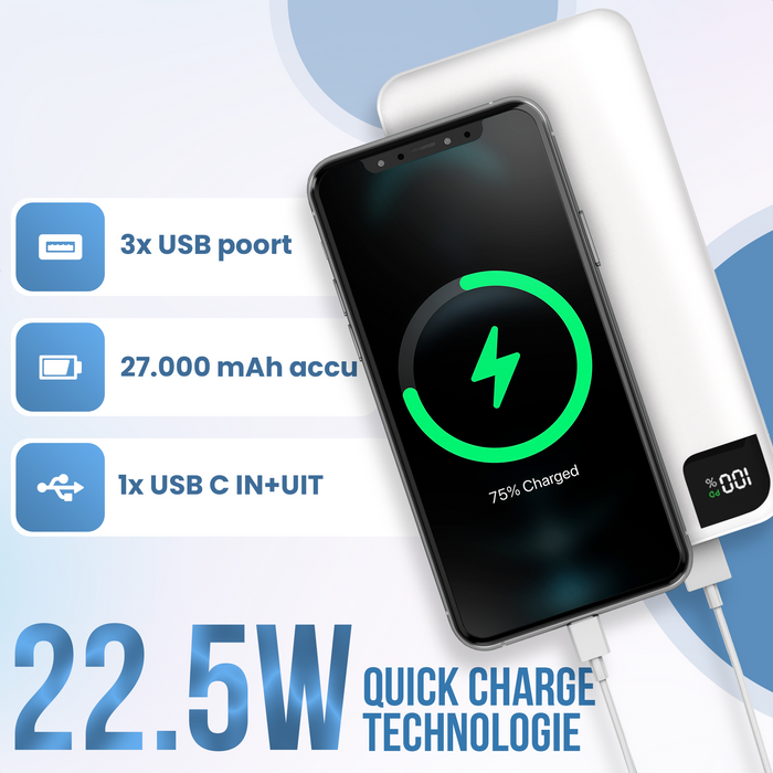 Strex Powerbank Wit - 27.000 mAh - 22.5W Snellader - USB-A/USB-C - LED Indicatie - Universele Powerbank geschikt voor o.a. iOS/Android