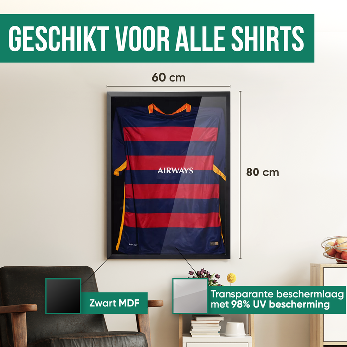 Avalo Wissellijst - Inlijsten Voetbal Shirt - 3D Box Frame - 60x80 CM - Zwart - Diepe lijst - Shirt Inlijsten In Fotolijst