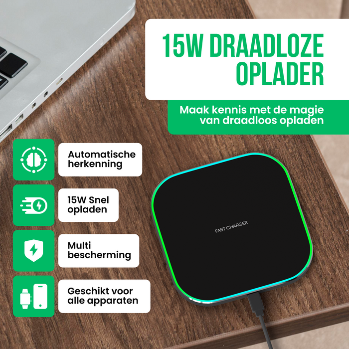 Strex Draadloze Oplader 15W - Inclusief Kabel - QI Snellader - Wireless Charger - Fast Charger - LED Indicatie - Zwart