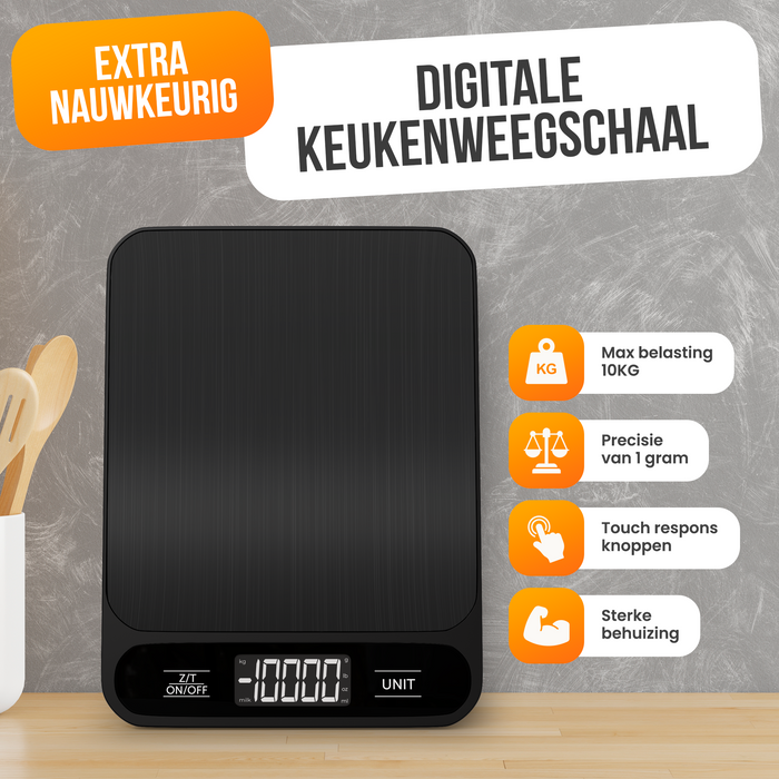 Strex Keukenweegschaal Digitaal - Weegschaal Keuken - 1 g tot 10 kg - Tarra Functie - Inclusief Batterijen - Zwart