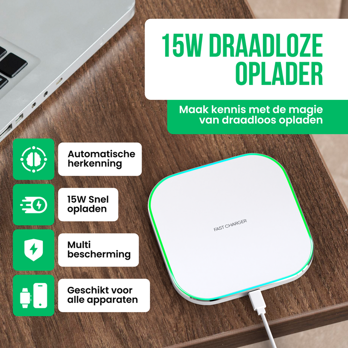 Strex Draadloze Oplader 15W - Inclusief Kabel - QI Snellader - Wireless Charger - Fast Charger - LED Indicatie - Wit