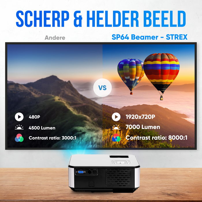 Strex Beamer - HD 1920x1080P - 7000 Lumen - Streamen Vanaf Je Telefoon Met WiFi - Mini Projector - Incl. 100" Projectiescherm