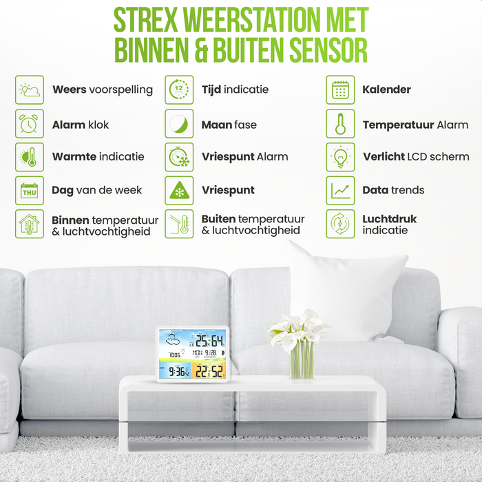 Strex Weerstation Wit - Draadloos - 75M Bereik - Binnen & Buiten - Temperatuur - Luchtvochtigheid - Weersvoorspelling