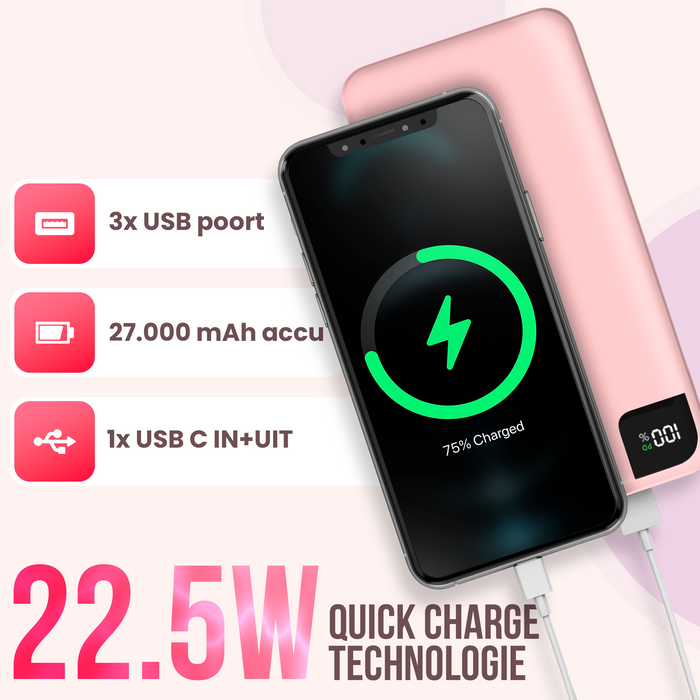 Strex Powerbank Roze - 27.000 mAh - 22.5W Snellader - USB-A/USB-C - LED Indicatie - Universele Powerbank geschikt voor o.a. iOS/Android