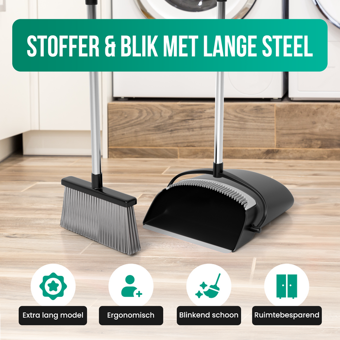 Avalo Stoffer en Blik met Lange Steel - Verstelbaar 87-127cm - Ingebouwde Schoonmaaktanden - Zwart