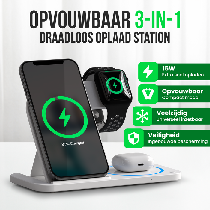 Strex 3-in-1 Draadloze Oplader - Oplaadstation - 15W Snellader - Opvouwbaar - Geschikt voor iOS & Android, Apple Watch, AirPods en Draadloze oortjes - Wit